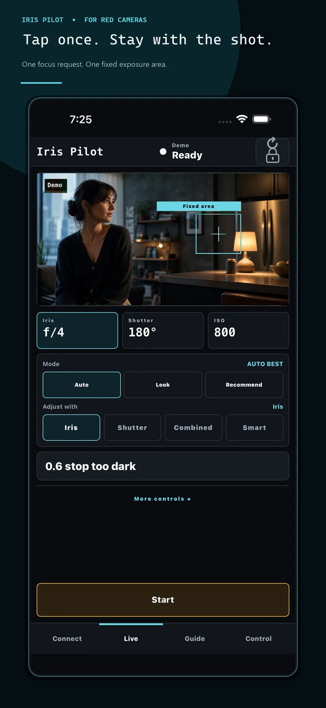 Iris Pilot showing a fixed exposure area over the cinematic demo preview.