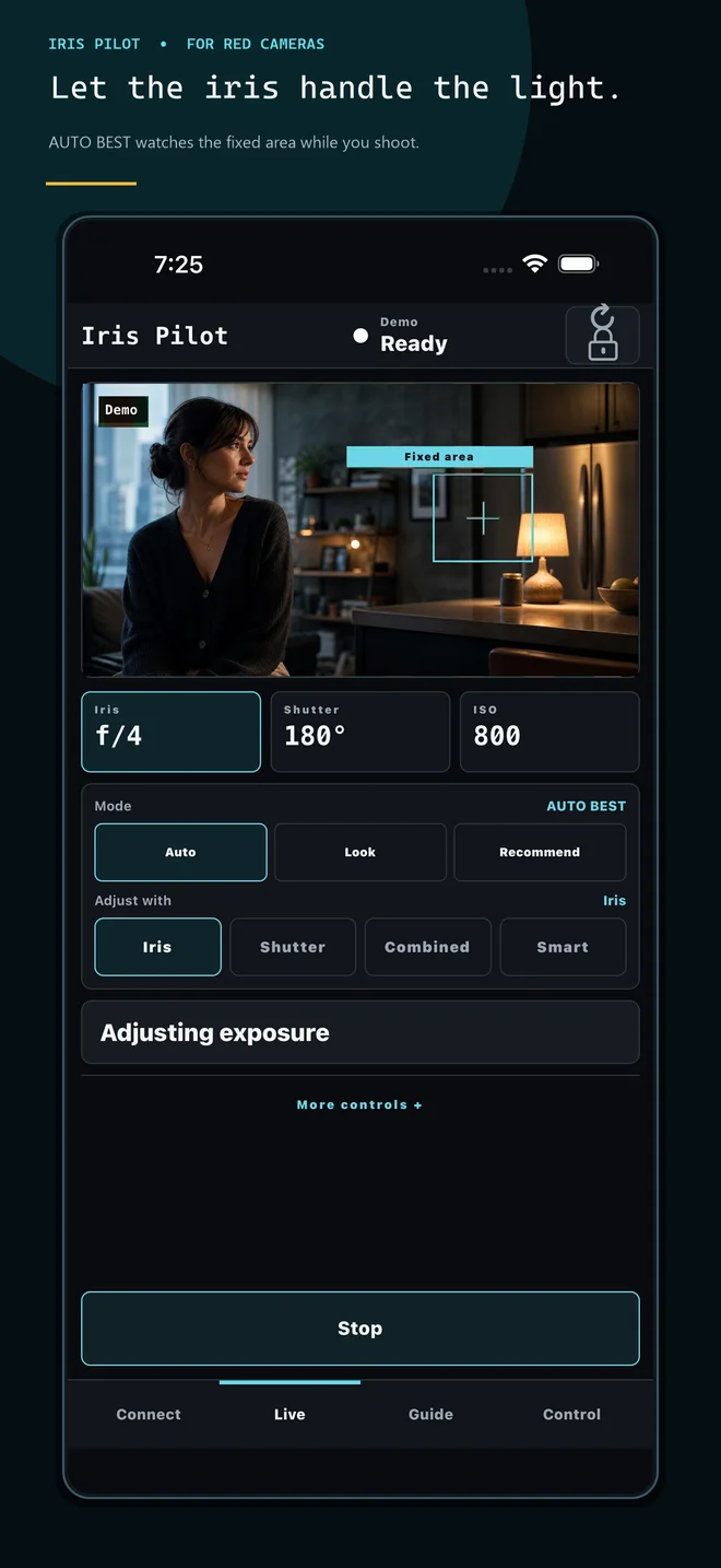 Iris Pilot running AUTO BEST with Iris selected.